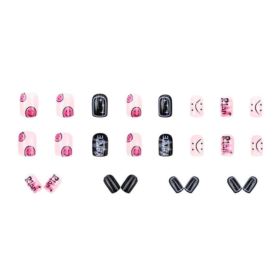 48 Pcs Letter Smiley Press on Nails, Short Square Black Nude Trendy Fake Nails