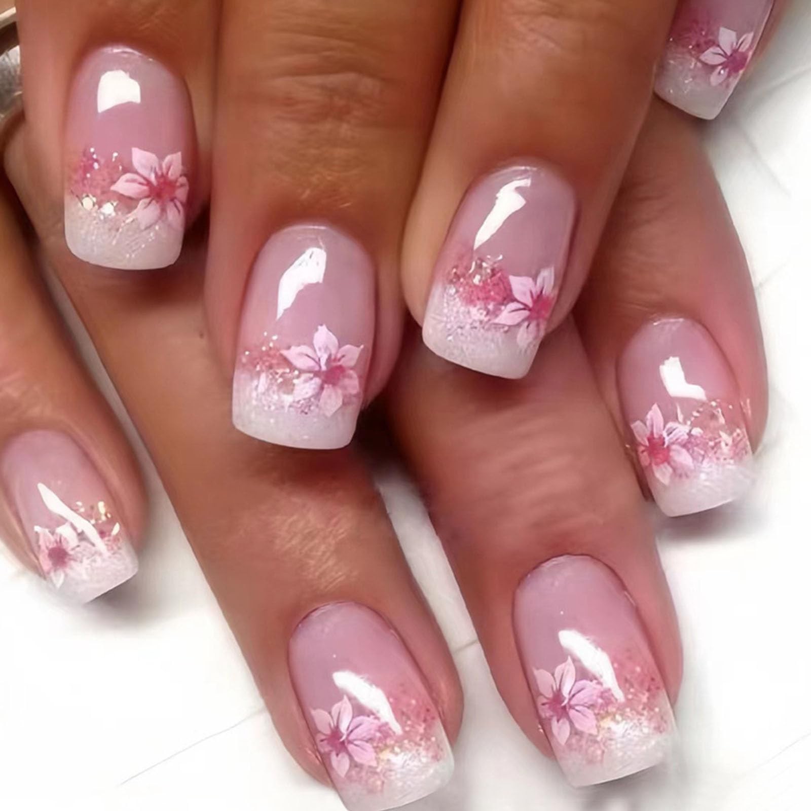 Medium Press on Nails Square Fake with Pink Medium, white pink nude