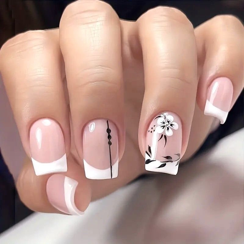 24 Fake Nails Y2K French Flower Press On Style Stipe Glam Manicure Sexy Vacation
