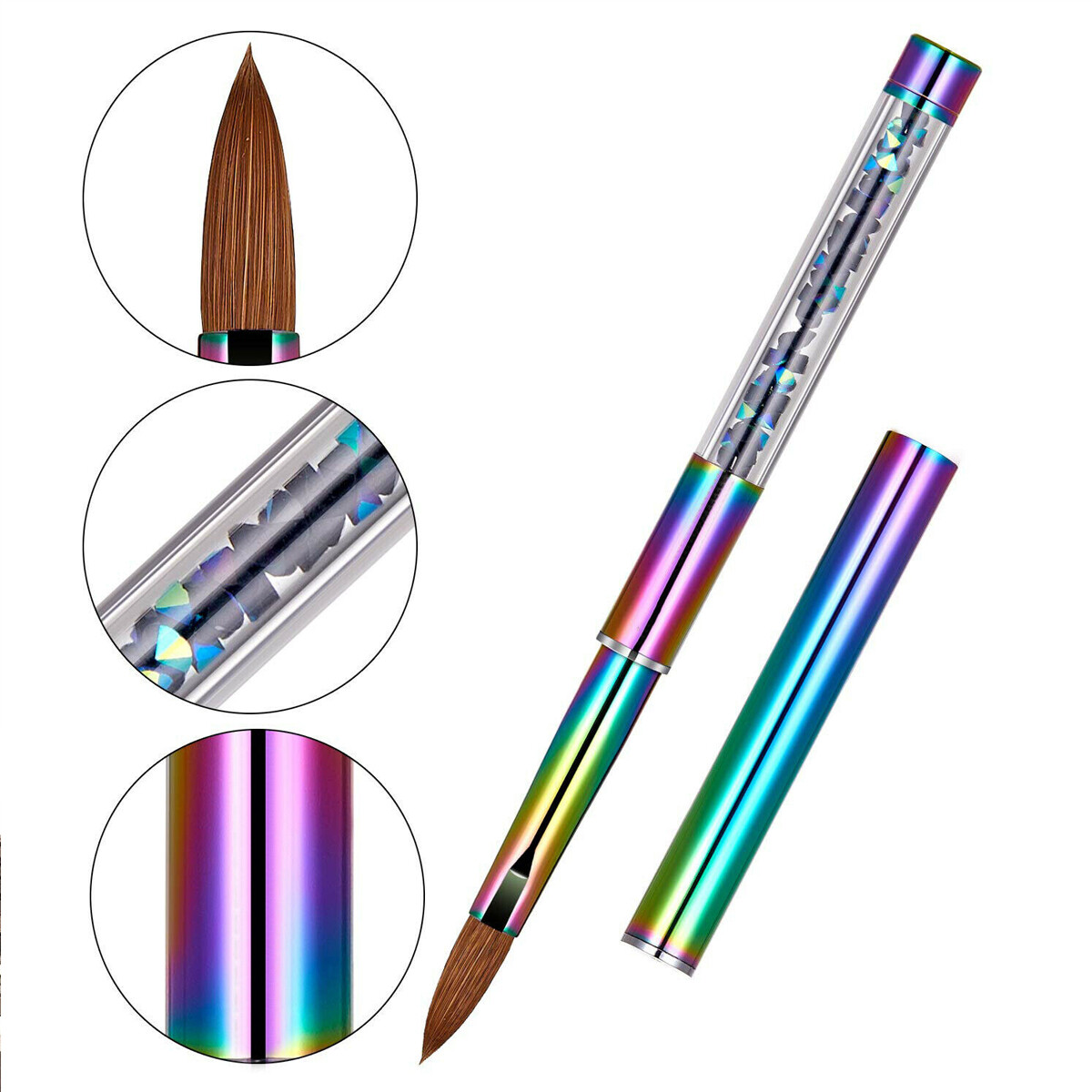 100% Kolinsky Acrylic Nail Brush With Cap Rainbow Crystal Handle 6-14 (CRIMPED)