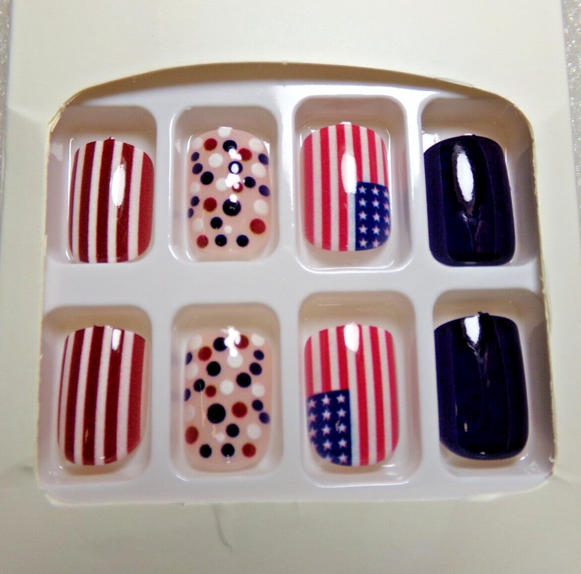 4th of July Nails Shiny American Flag Red White & Blue GLUE ON SHORT