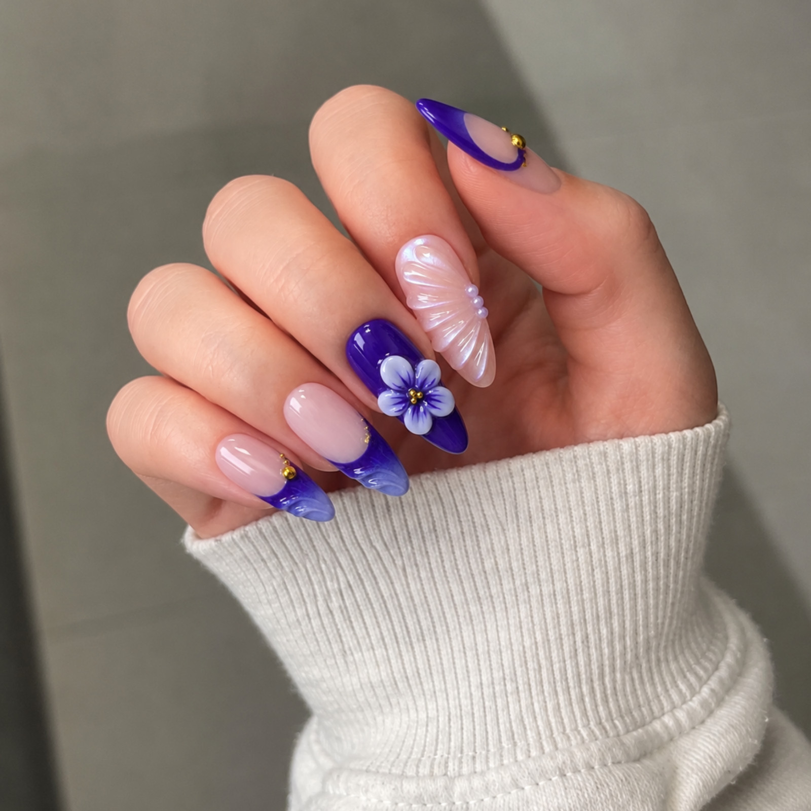 Handmade Purple Nude Press On Nails 3D Flower Gold Tone Nail Set