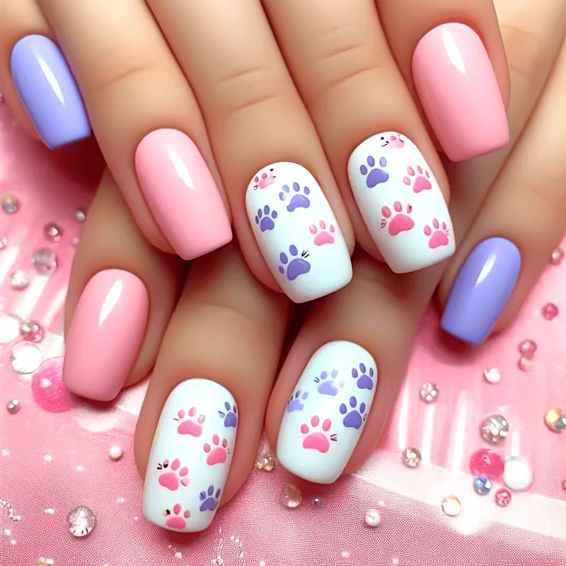 48 Pieces of Nail Gloss Finish, Cute Cat Paw Fake Nail Art in Pink and Purple