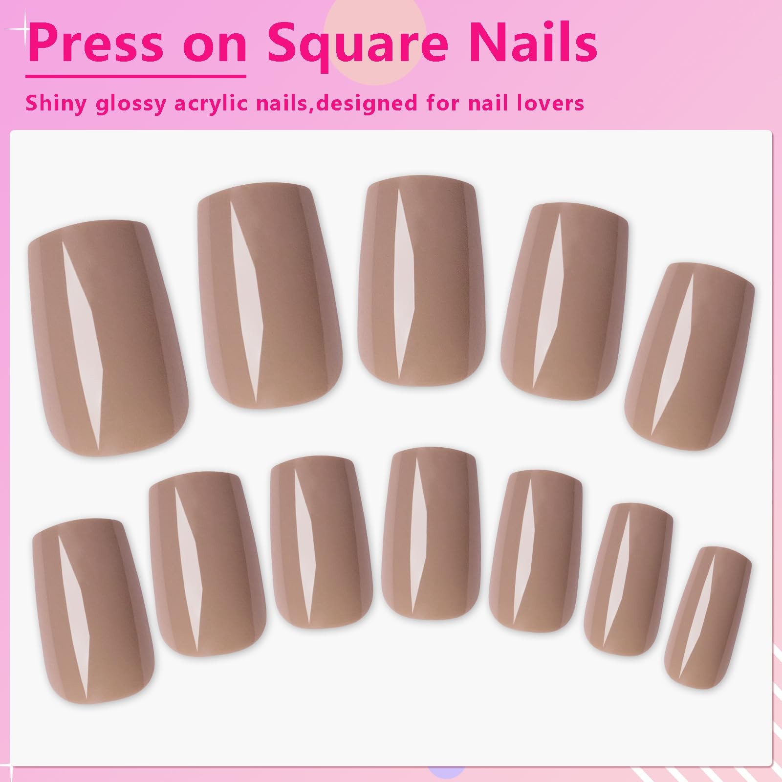 AddFavor 240pcs Brown Press on Nails Medium Square Fake Nails, 10 Size,