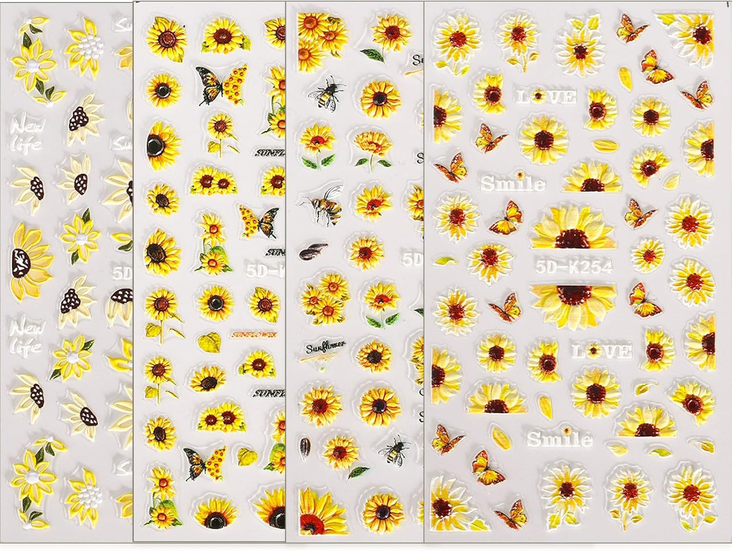 5D Embossed Sunflower Nail Art Stickers Self-Adhesive Flower Nail Decals Engrave