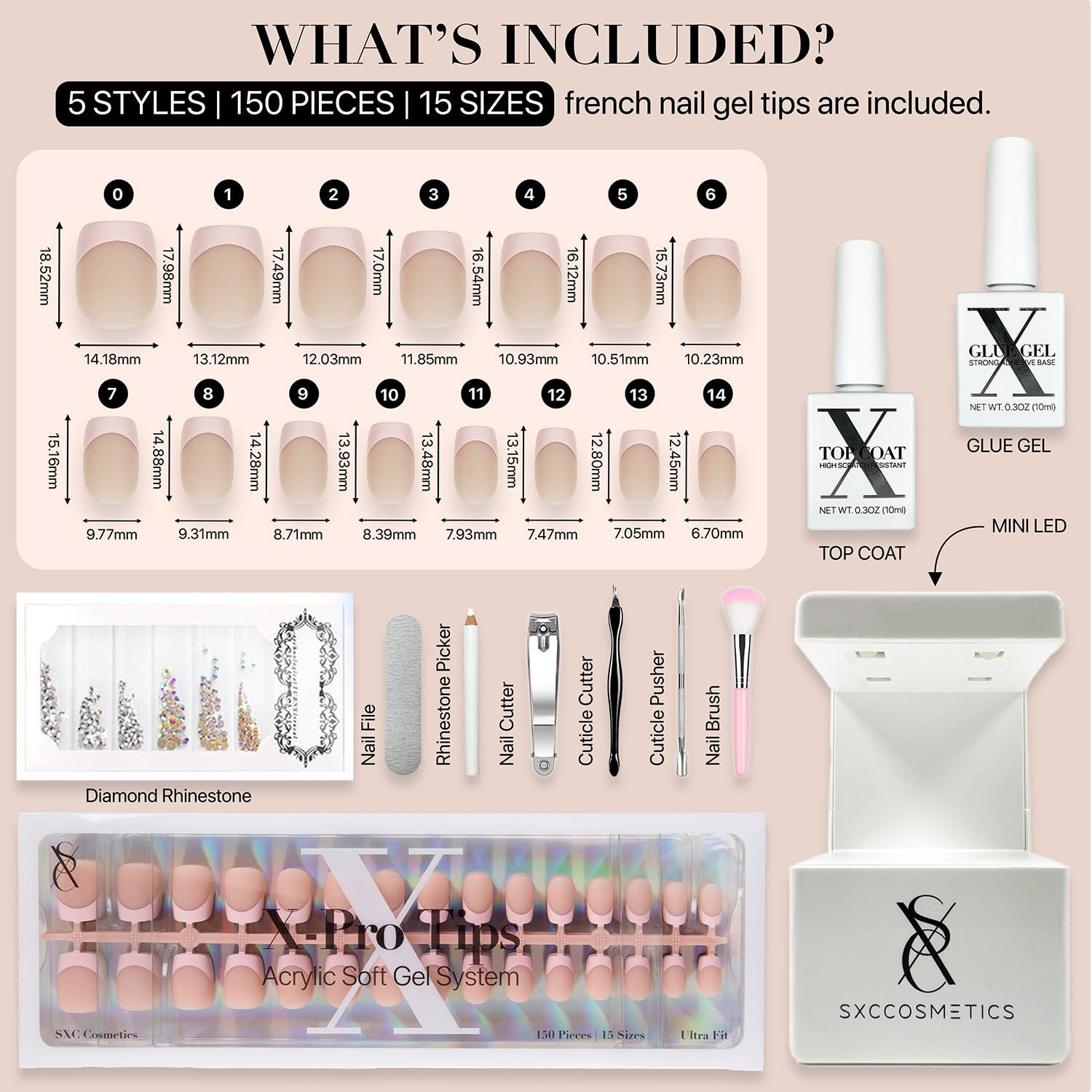 SXC Cosmetics French Tip Press on Nails – Skin Tone Nude and Color Series, XS Sq