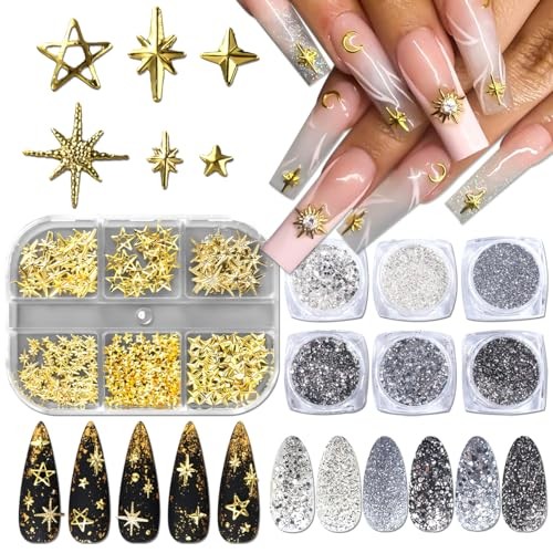 3D Metal Stars Nail Charms and Nail Art Glitter Flakes,Mixed Gold/Silver/White