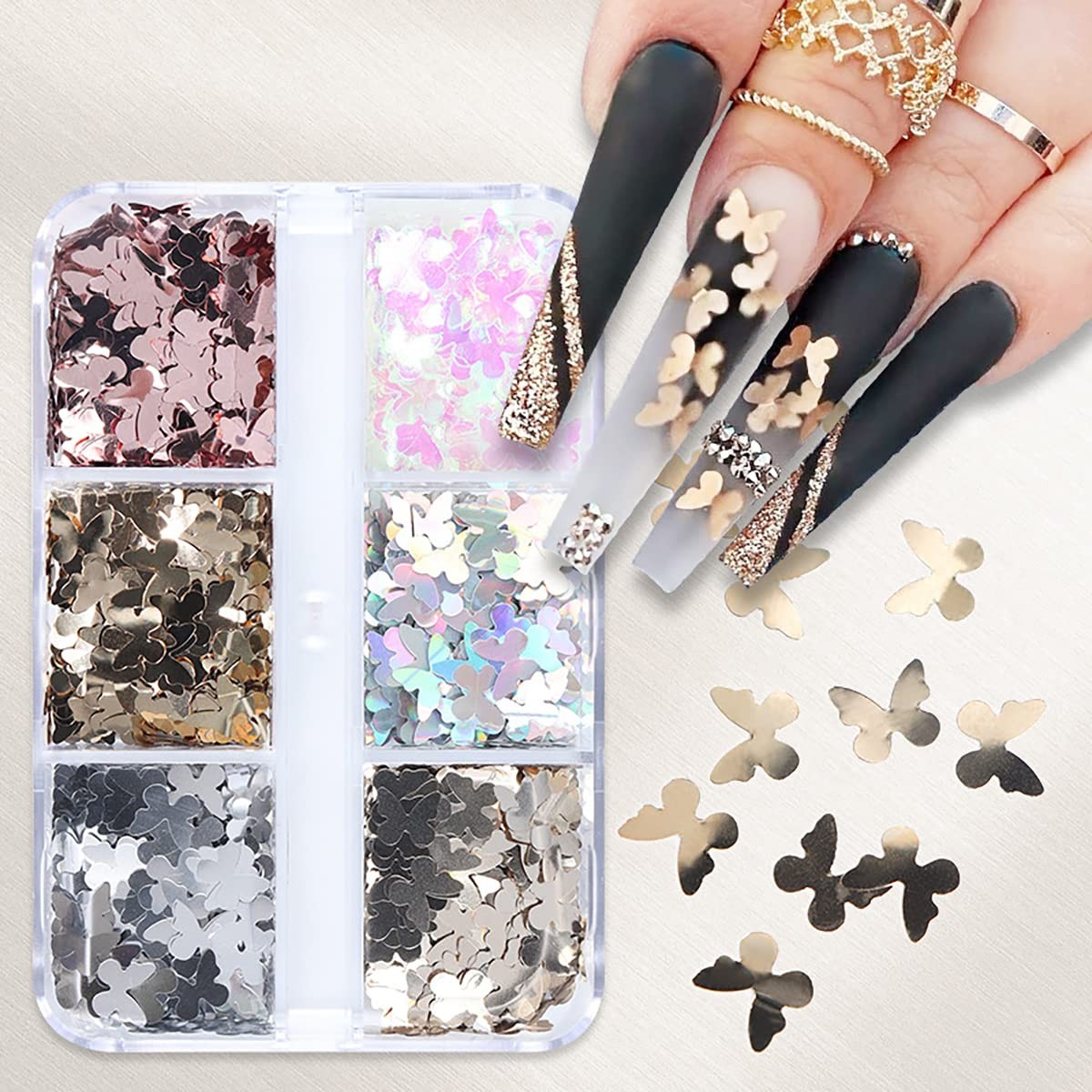 6 Grids Holographic Butterfly Nail Art Glitter Sequins 3D Sparkly Laser Butte…