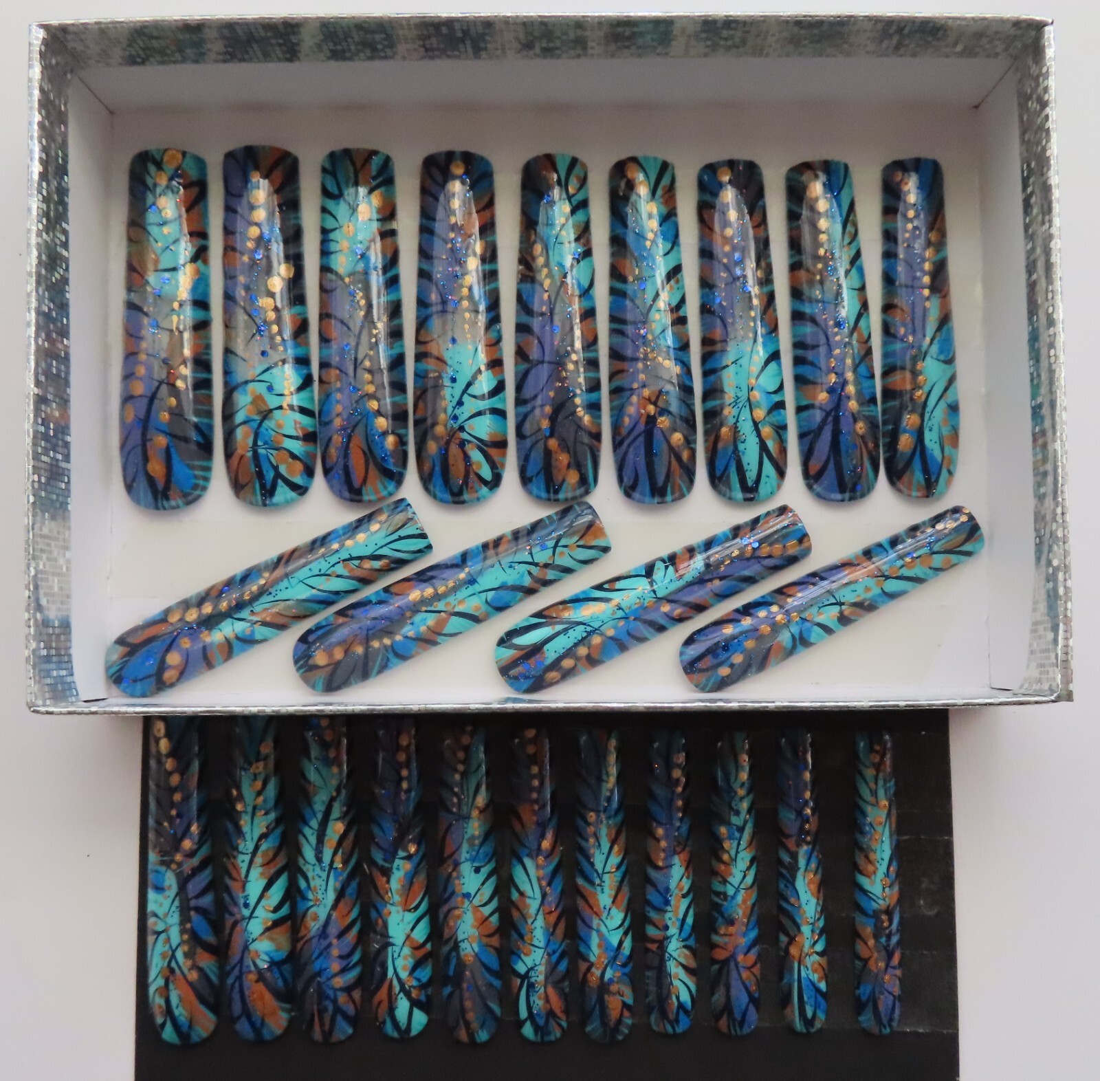 XXL Clear Purple Aqua Brown Blue Bronze Metallic Abstract Square Press On Nails