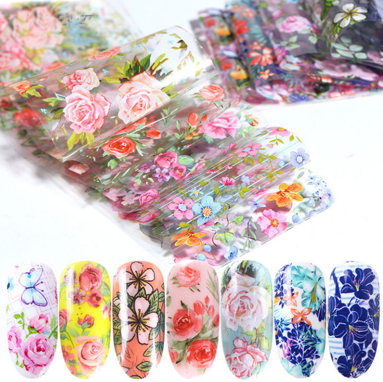 10 Pcs Rose Pink Flowers Nail Art Transfer Foil Sticker Transfer Manicure DIY X2