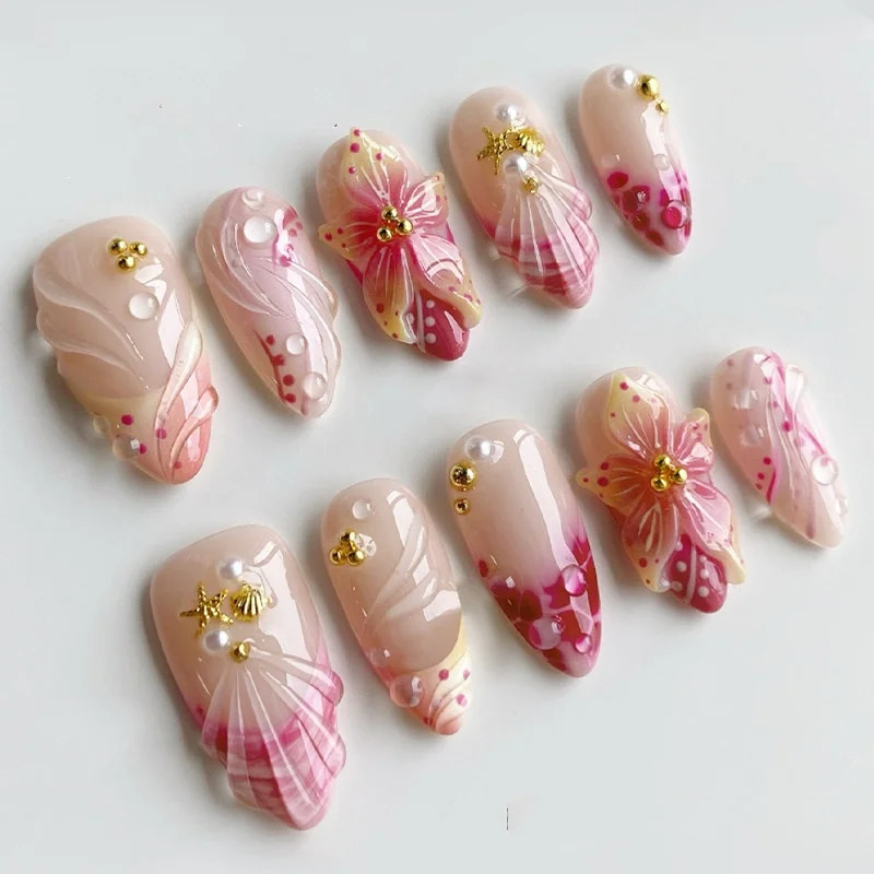 24Pcs Wearable False Nails 3D Flower Strawberry Green Gradient Pearl Mid-length
