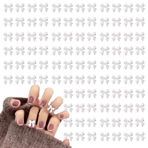 White Bow Nail Charm for Women Girl, 100Pcs 3D Nail Decoration 100Pcs White