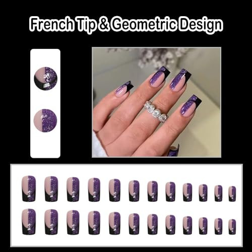French Tip Press on Nails Purple Black Square Short Medium Glue on Nails with