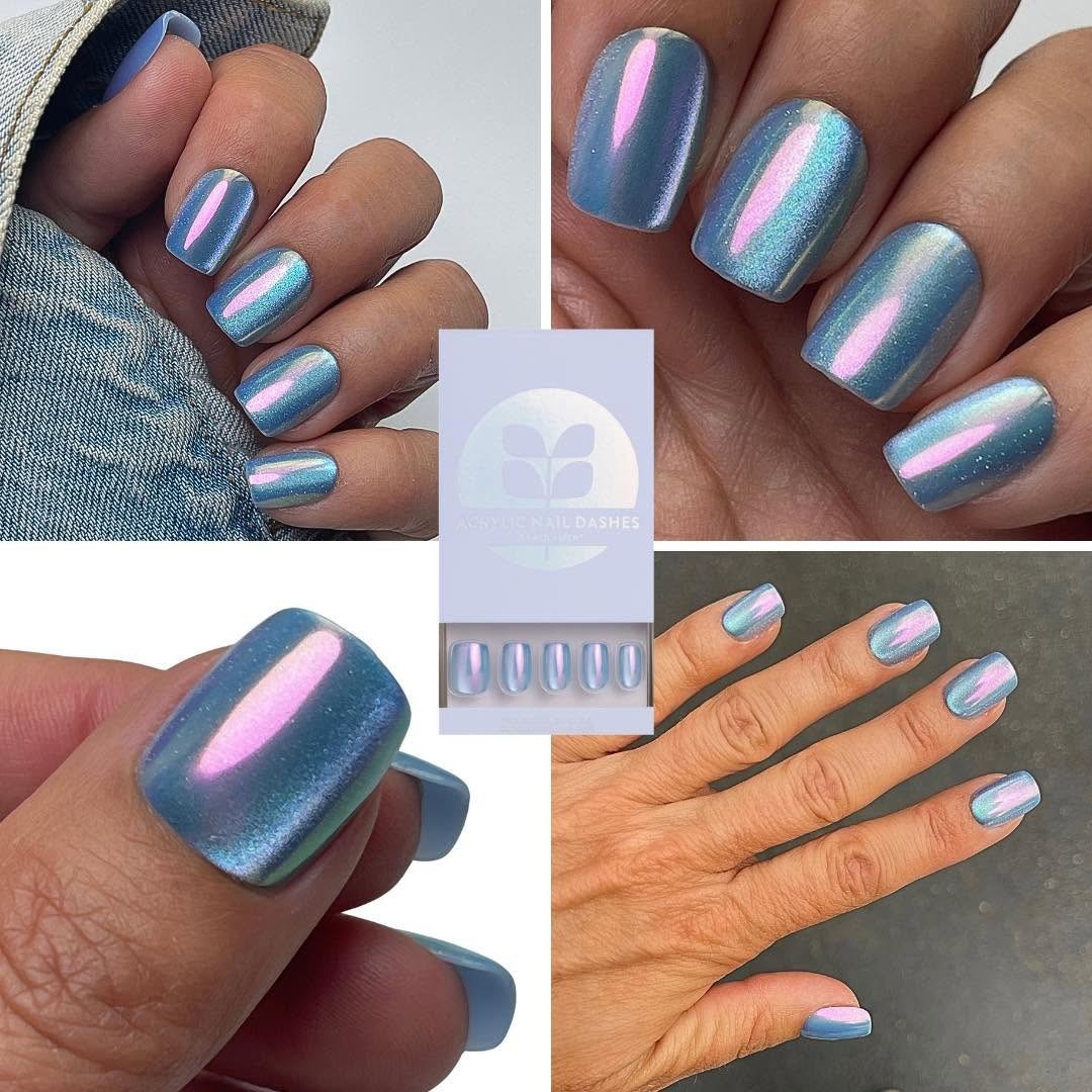 Red Aspen Press On Nails- Poolside Pat Short Squoval Blue Cat Eye Holographic