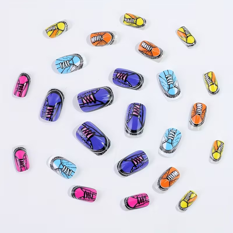 24pcs Medium, Square Shape Press-On Nails with Colorful Shoes Unique Cool Design