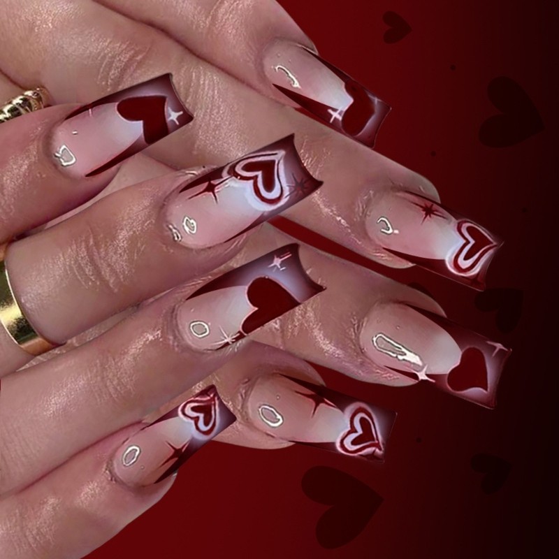 Middle Length Glossy Fake Nail Valentine Wine Red Heart Design Press On Nail