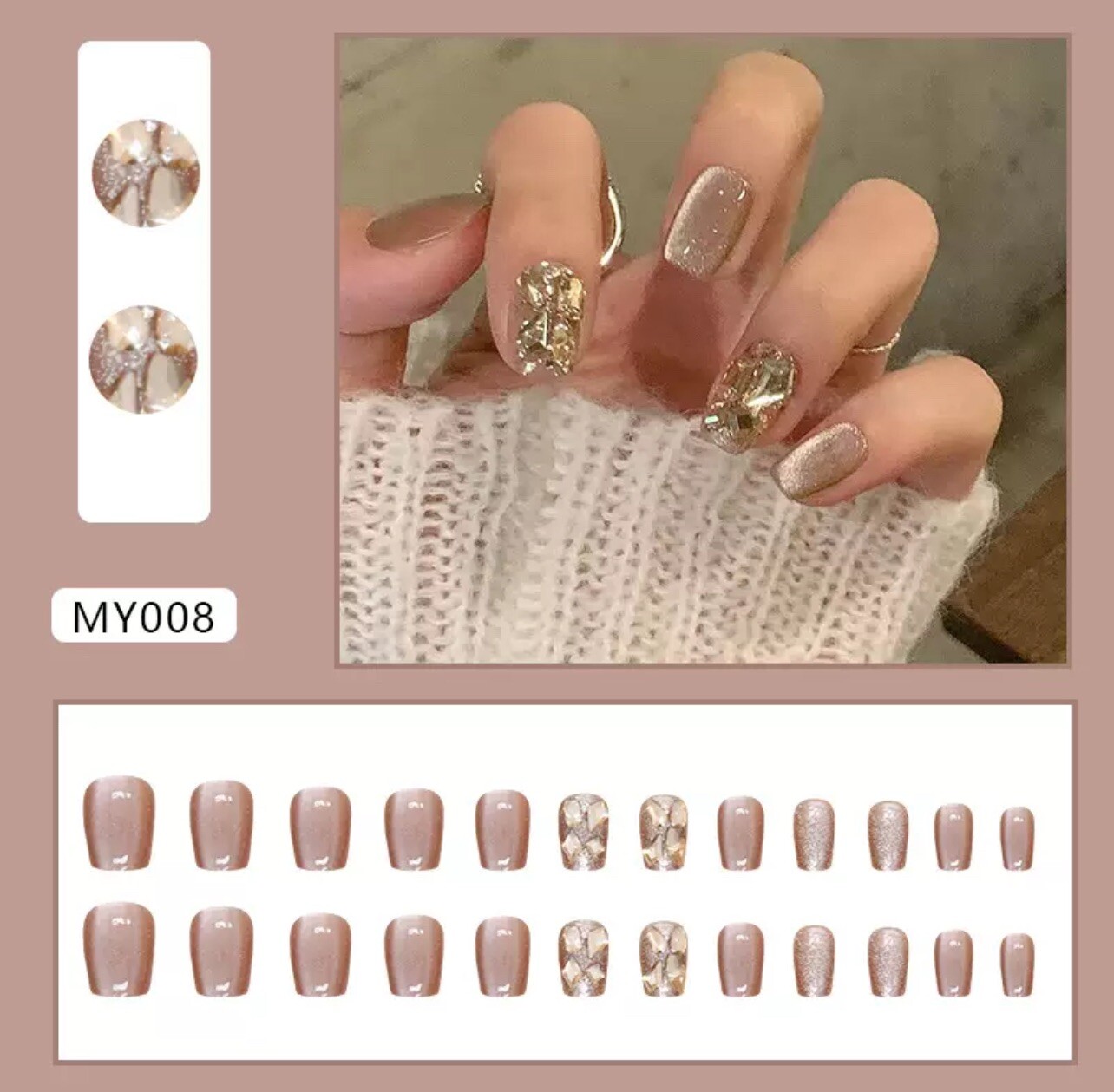 Cat Eye Press on Nails Short Square Fake Nails Glitter with Cat Eye