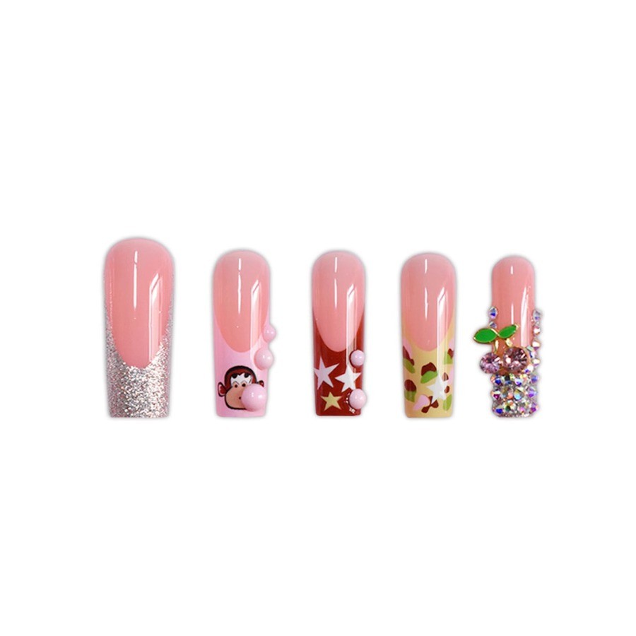 48pcs-Playful Pink Coffin Nails with Bubblegum Monkey Print, Stars and Crystals
