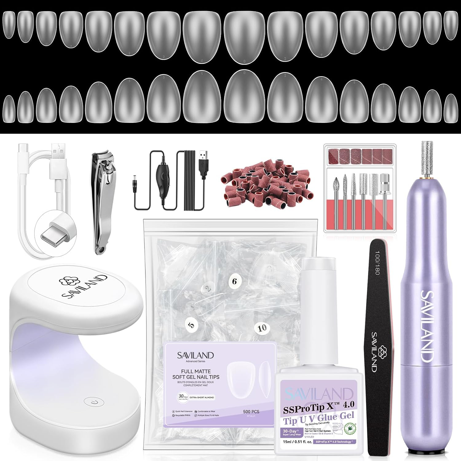 Advanced Gel Nail Kit Almond | 15 Sizes Extra Short Almond Nail Tips, Nail Drill