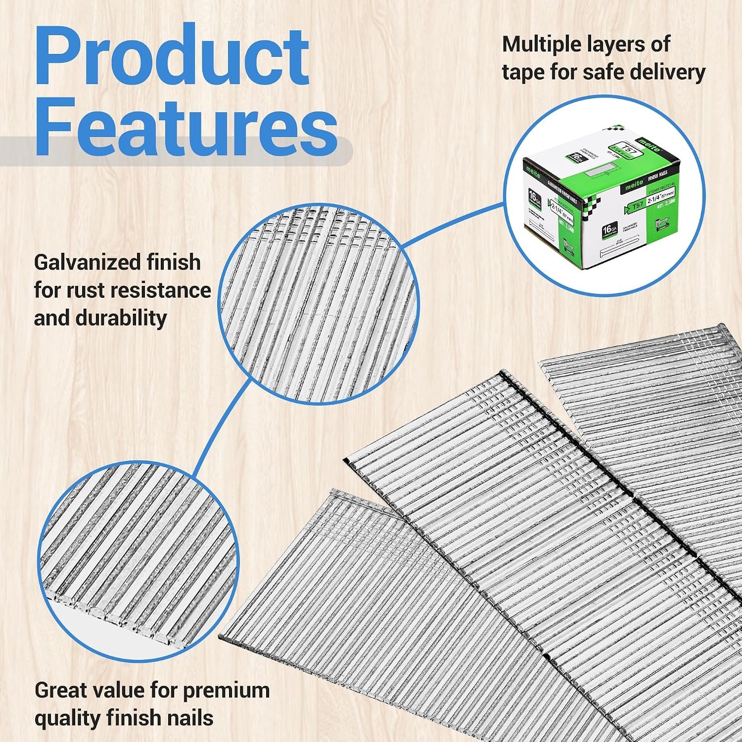 16GA Galvanized Finish Nails – 2-1/4 Inch, Smooth Shank, 2500 PCS, Clean Finish