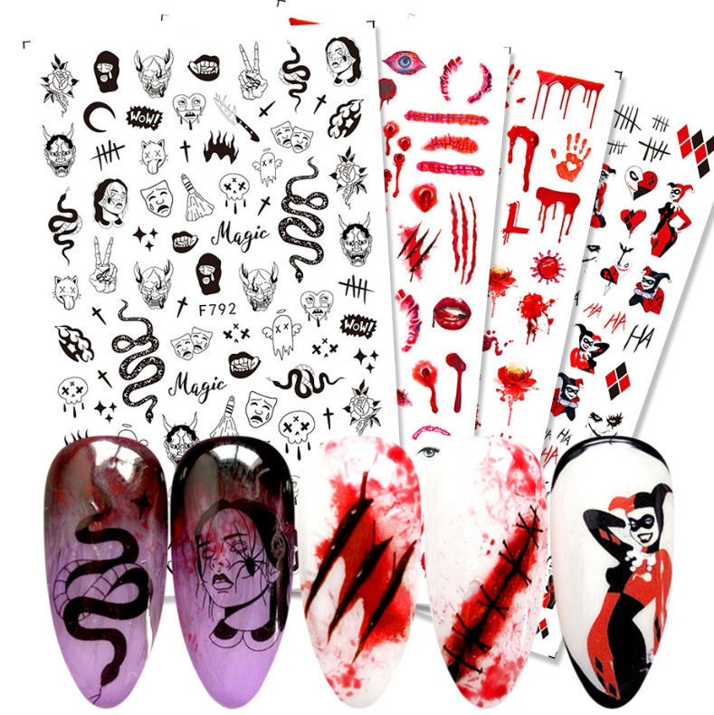 Halloween Nail Decal Sticker Clown Ride Die Joker Bloody Skull Evil Pumpkin NH13