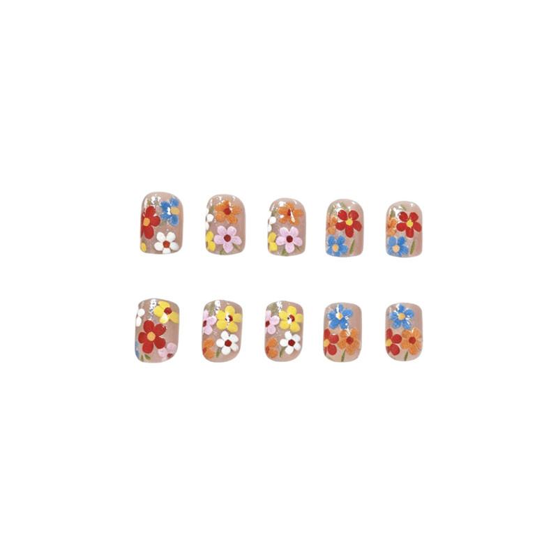 48pcs Short Square Press on Nails, Silver Glitter Multicolor Floral Summer Nails