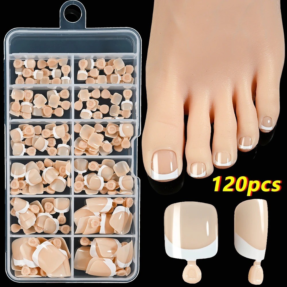 120Pcs Pink French Short Square Fake Nails 12-Sizes Full Cover Press On Nails We
