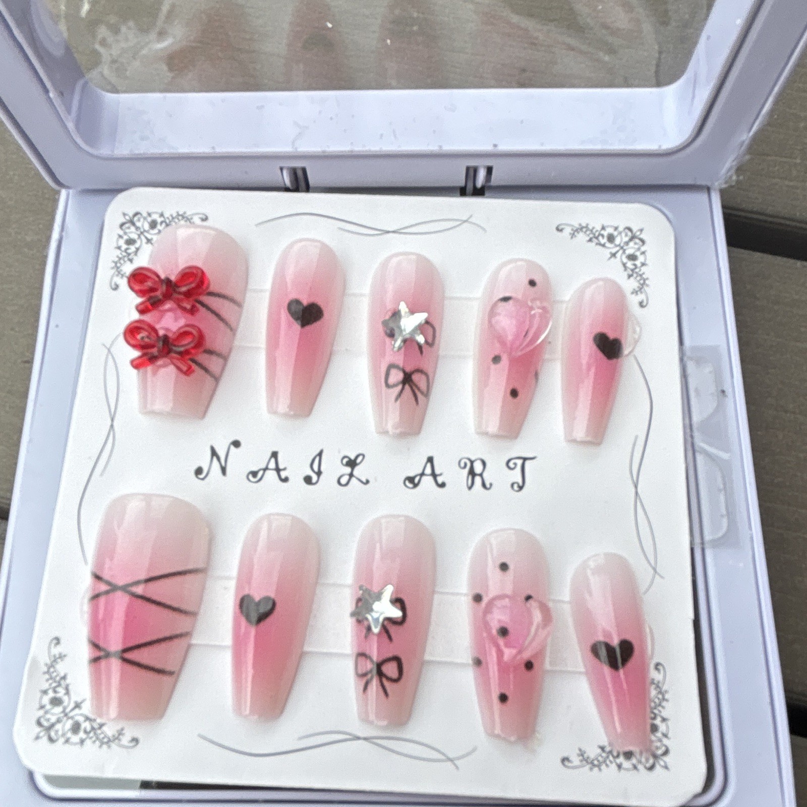 Pink/Black Press-On Nails 3D Heart Full Cover Pre-Designed Long Coffin