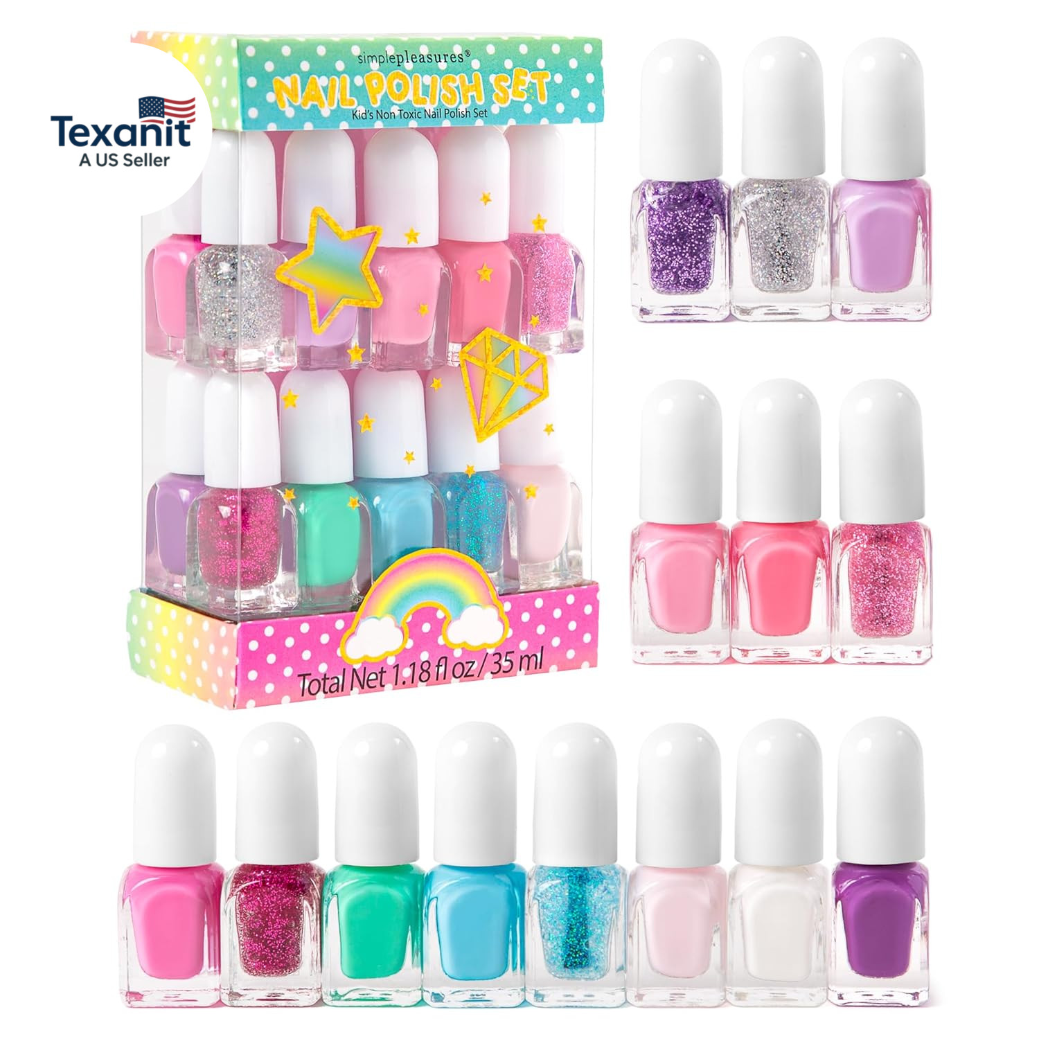 Unicorn Glitter Kids Nail Polish Set for Girls – 14 Water-Based Non -Toxic Nail