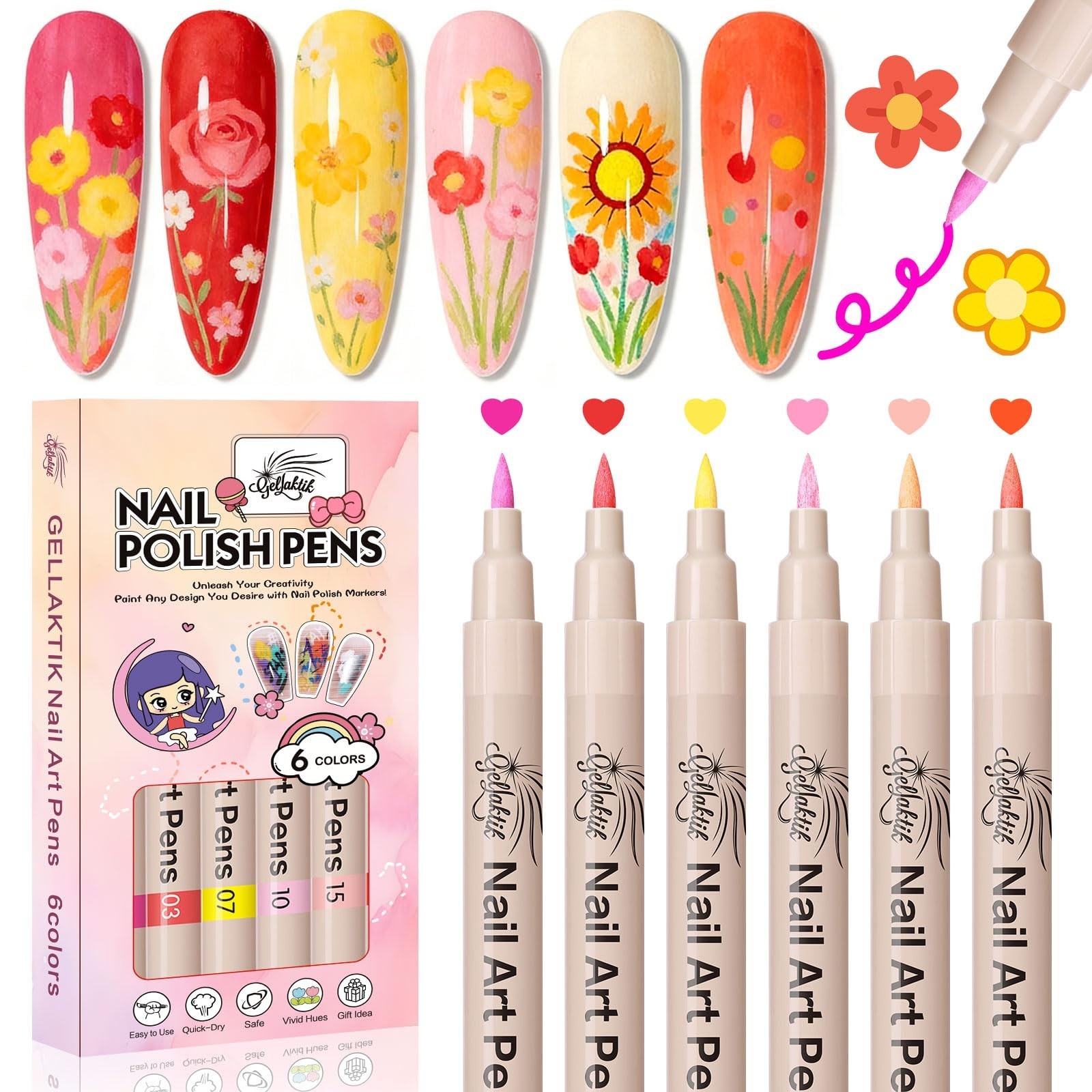 6 Colors Nail Art Pens Set, 3D Nail Polish Pens Quick-Drying Acrylic Paint Marke