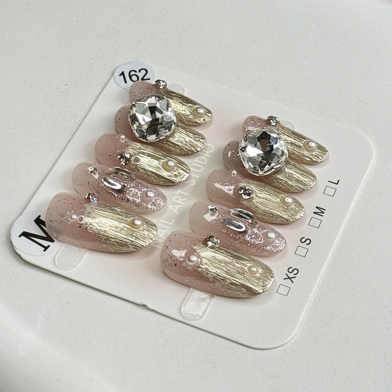 Handmade Pink Rhinestone Ring Press-On Nails Medium Oval SizeM Reusable