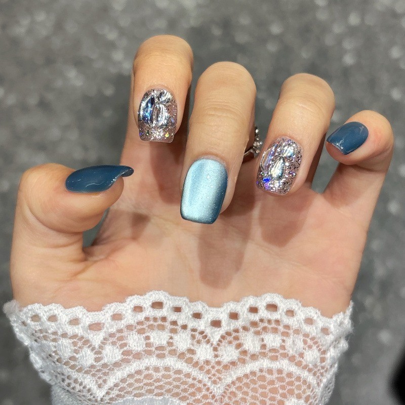 10Pcs Handmade Squoval Nails, Glitter Sequins, Elegant for Party & Daily Use