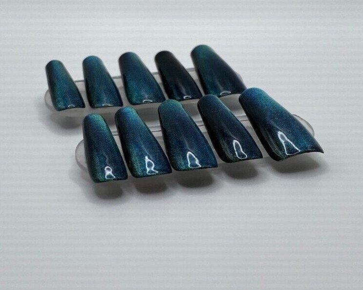 Witchy Blue Green Color-Shifting Cat Eye Coffin Press on Nails Hand Painted Nail
