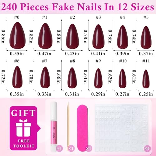 Burgundy 240pc Almond Press on Nails – Short Fake Nails with Glue Tabs