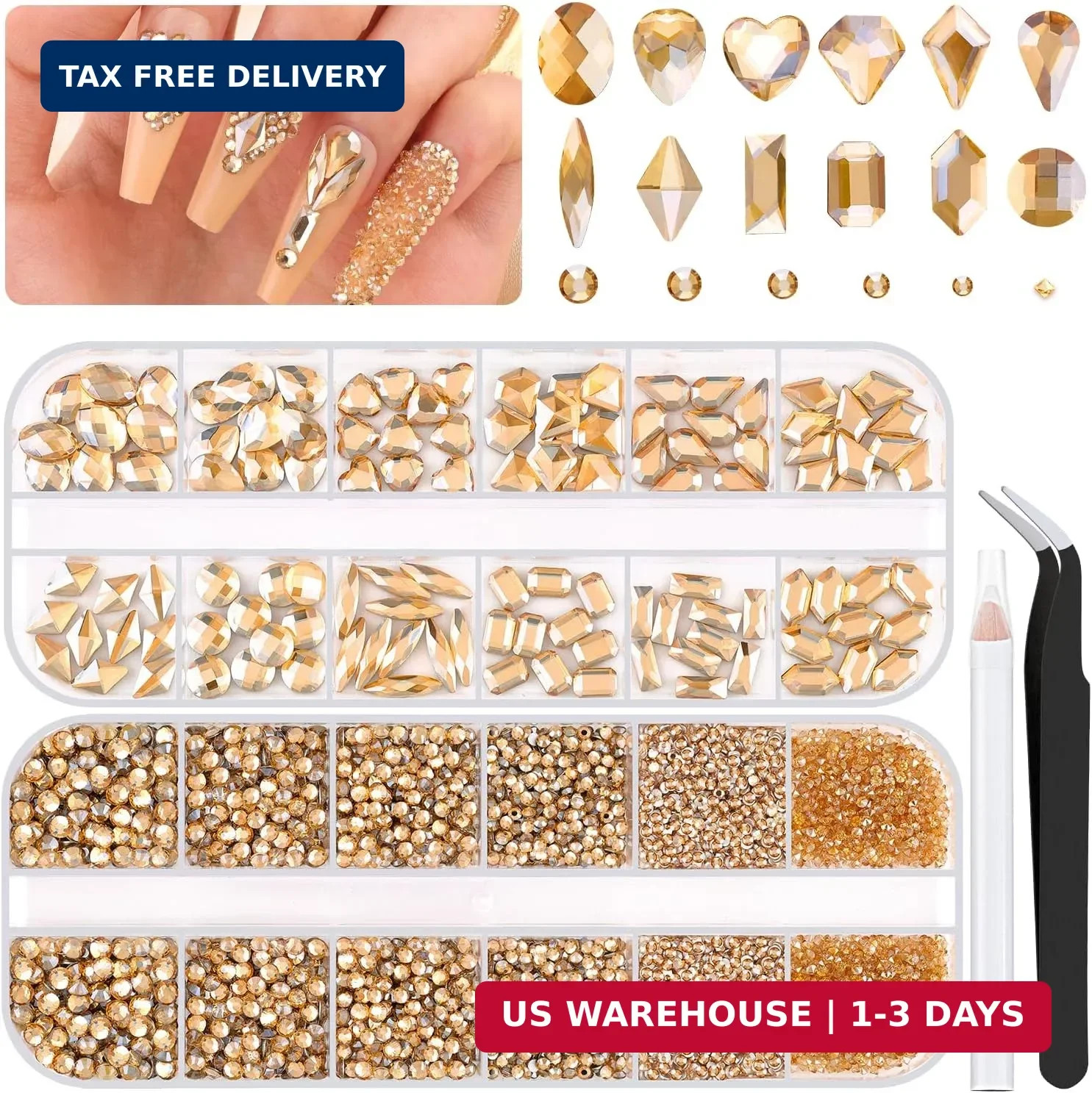 3100Pcs Champagne Gold Nail Rhinestones Kit, 1.5-3mm Mini Nail Gems + Multi Shap
