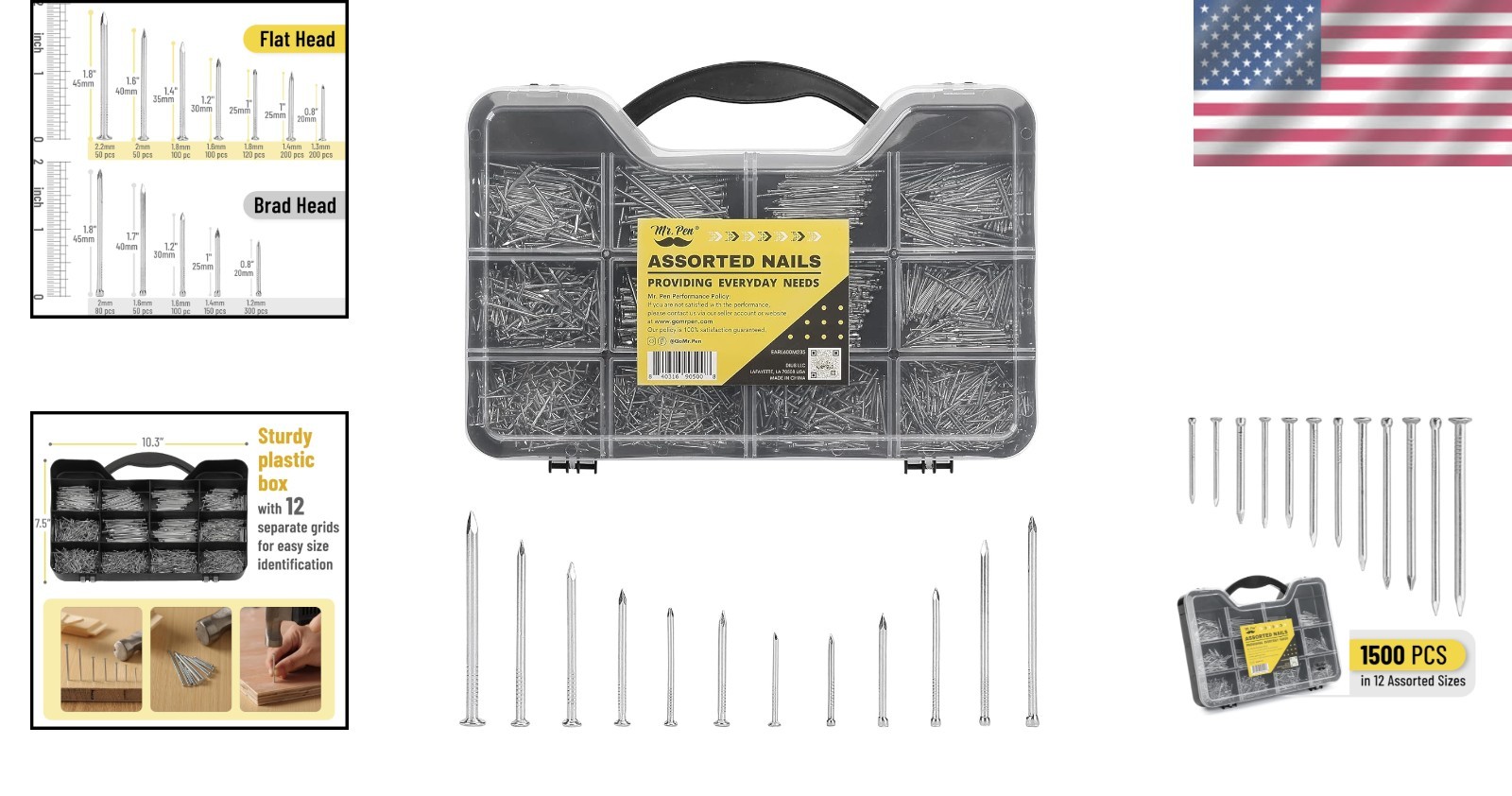 Versatile Nail Kit: 1500 Assorted Flat & Brad Nails Organized for Quick Access