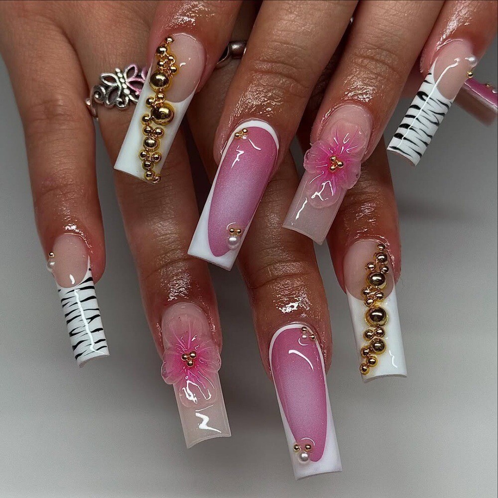 Handmade Pink Coffin Press-On Nails – Floral, Gold & Zebra
