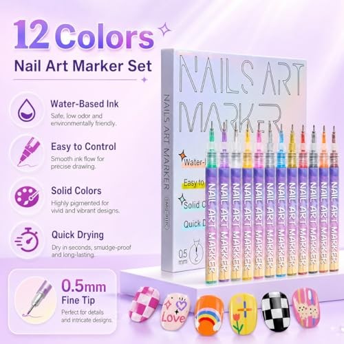DIY Graffiti Nail Art Pens, Water-Based Nail Design Markers, TYPE1:12 COLORS