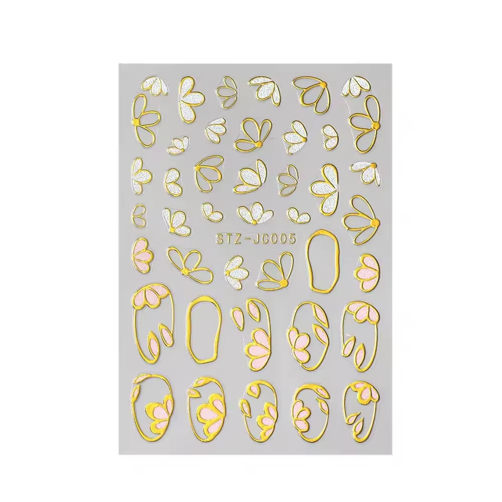 3D Pink Gold Flower Nail Stickers Metallic Floral Sakura Nail Art Decals DIY