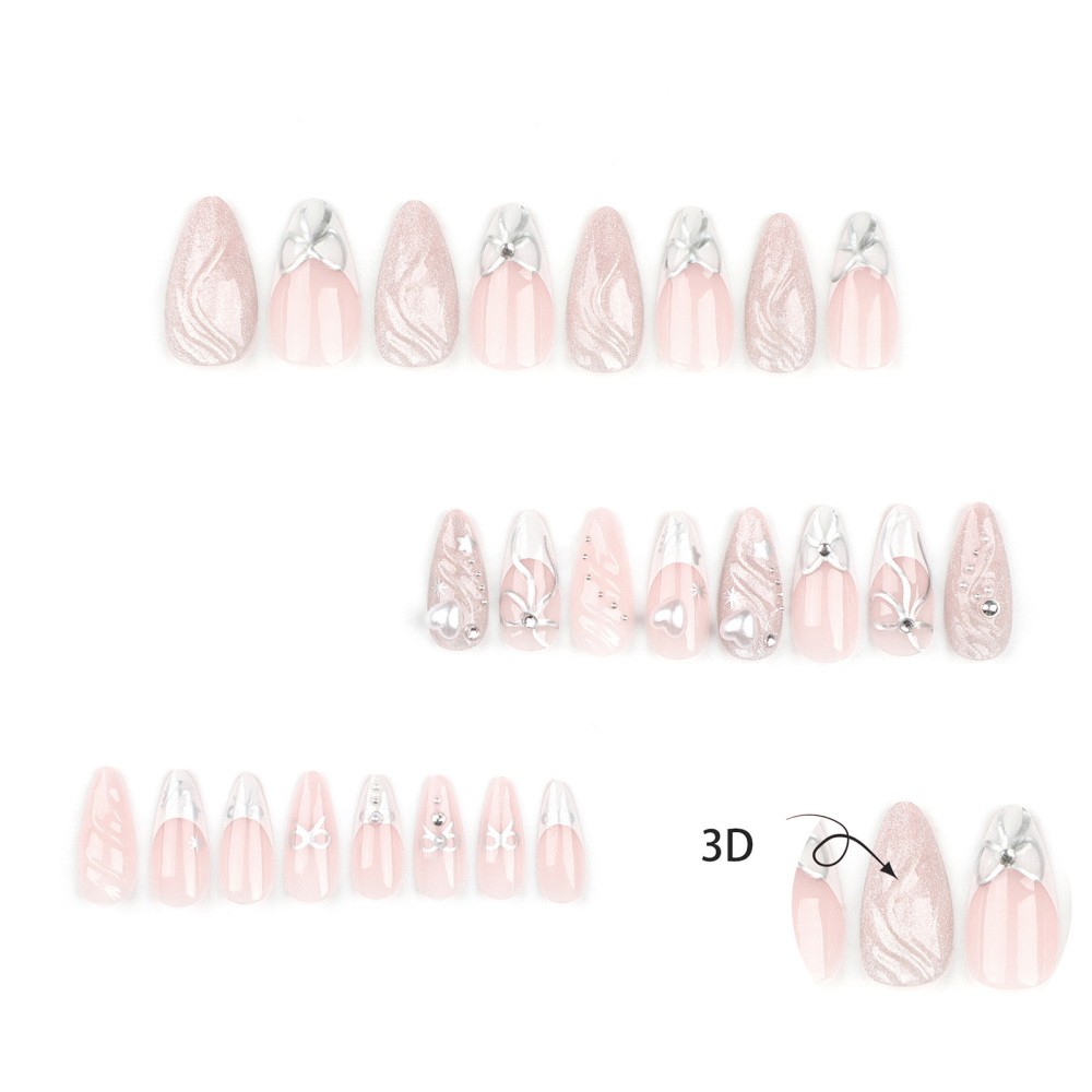 3D Press On Nails Self Adhesive Almond Shape with Heart Bow French Tip Design
