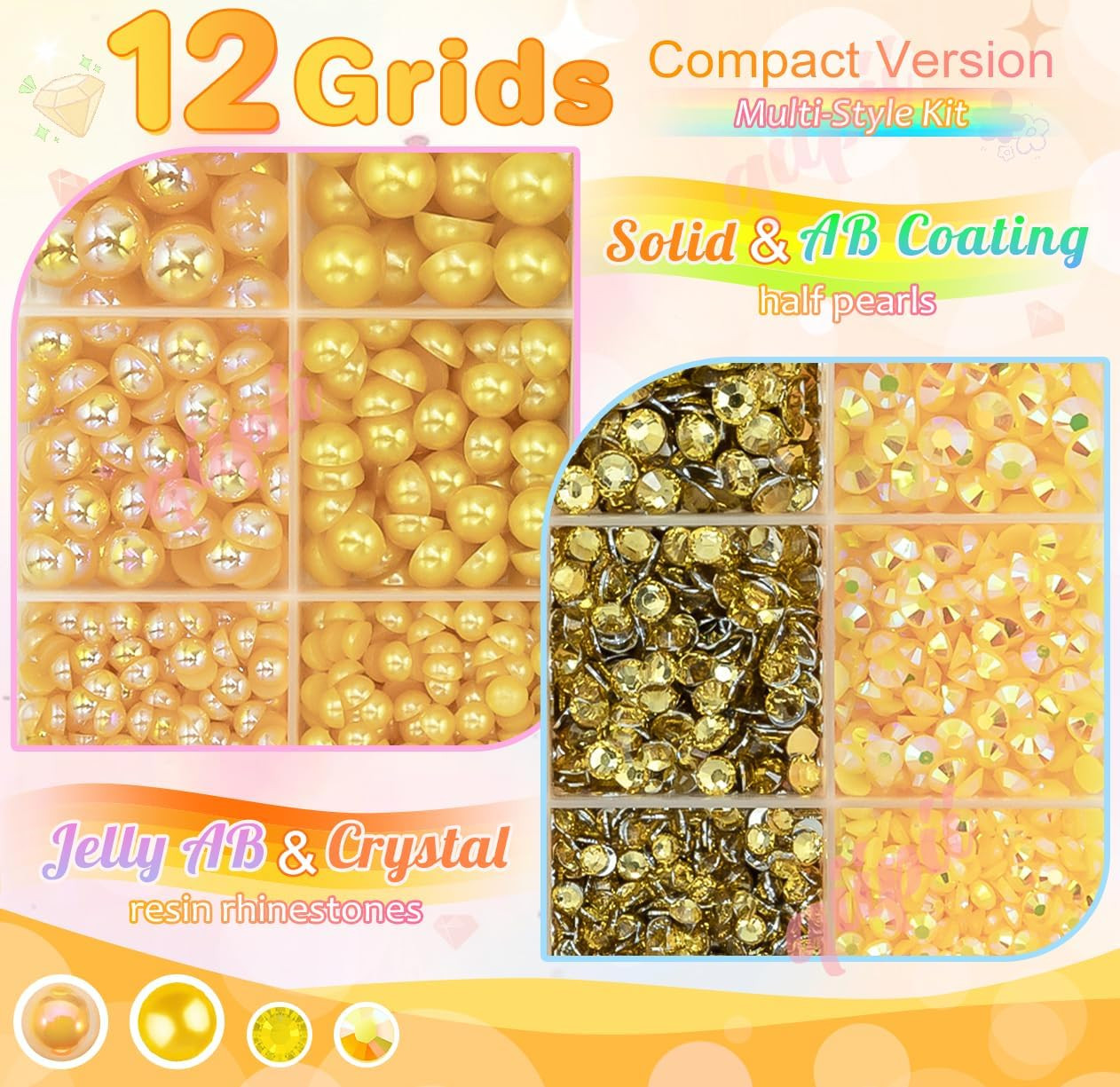 Orange Yellow 3Mm-8Mm Flatback Pearls and Rhinestones for Bedazzling Crafting Ha