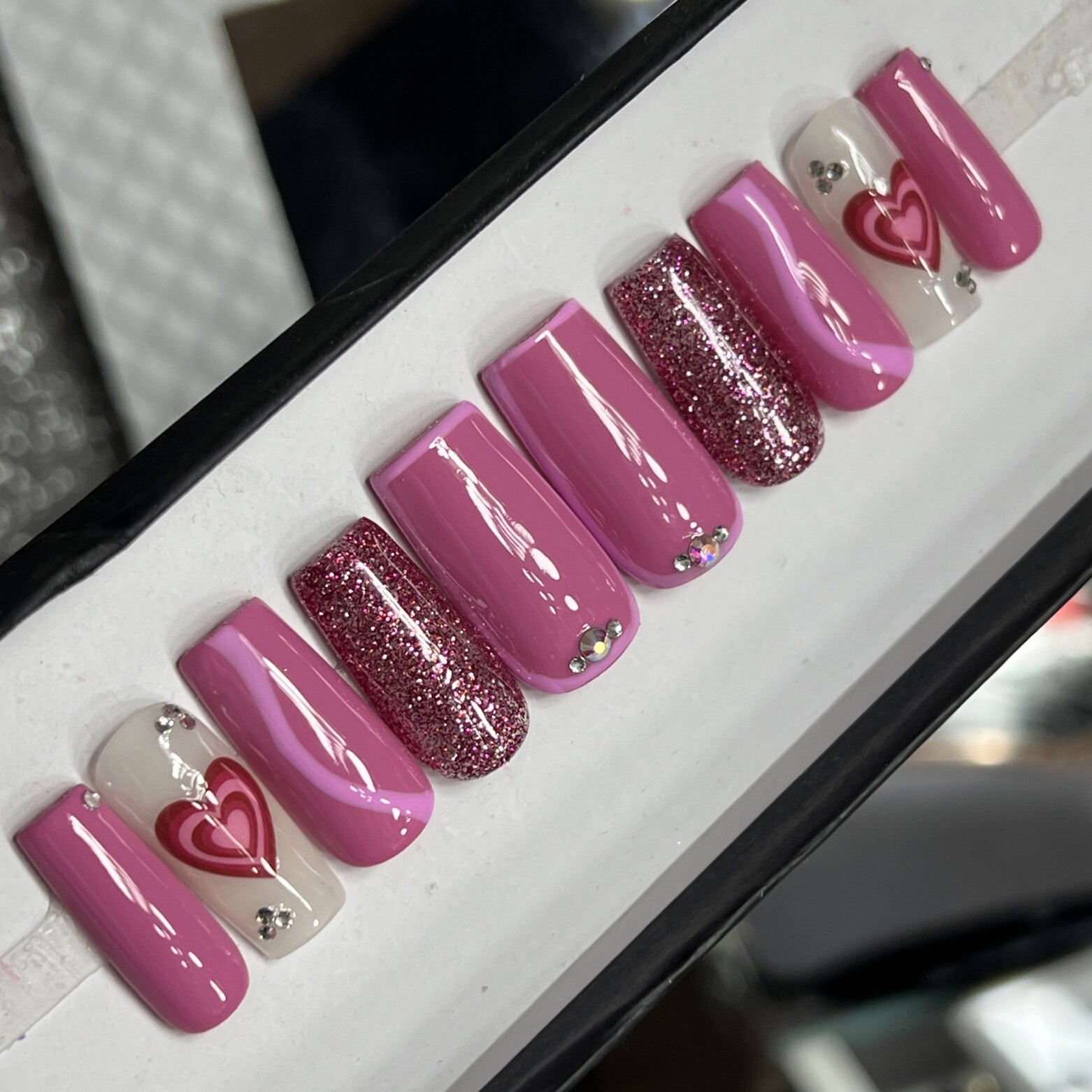 🤍 CUSTOM Hard Gel Press On Nails, Flower Pink Nude BLING 10p FULL SET W Kit