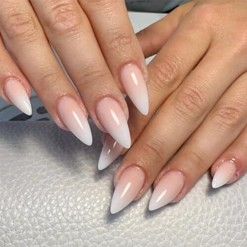 Almond Press on Nails Medium Fake Nails Ombre White French Tip 0762White