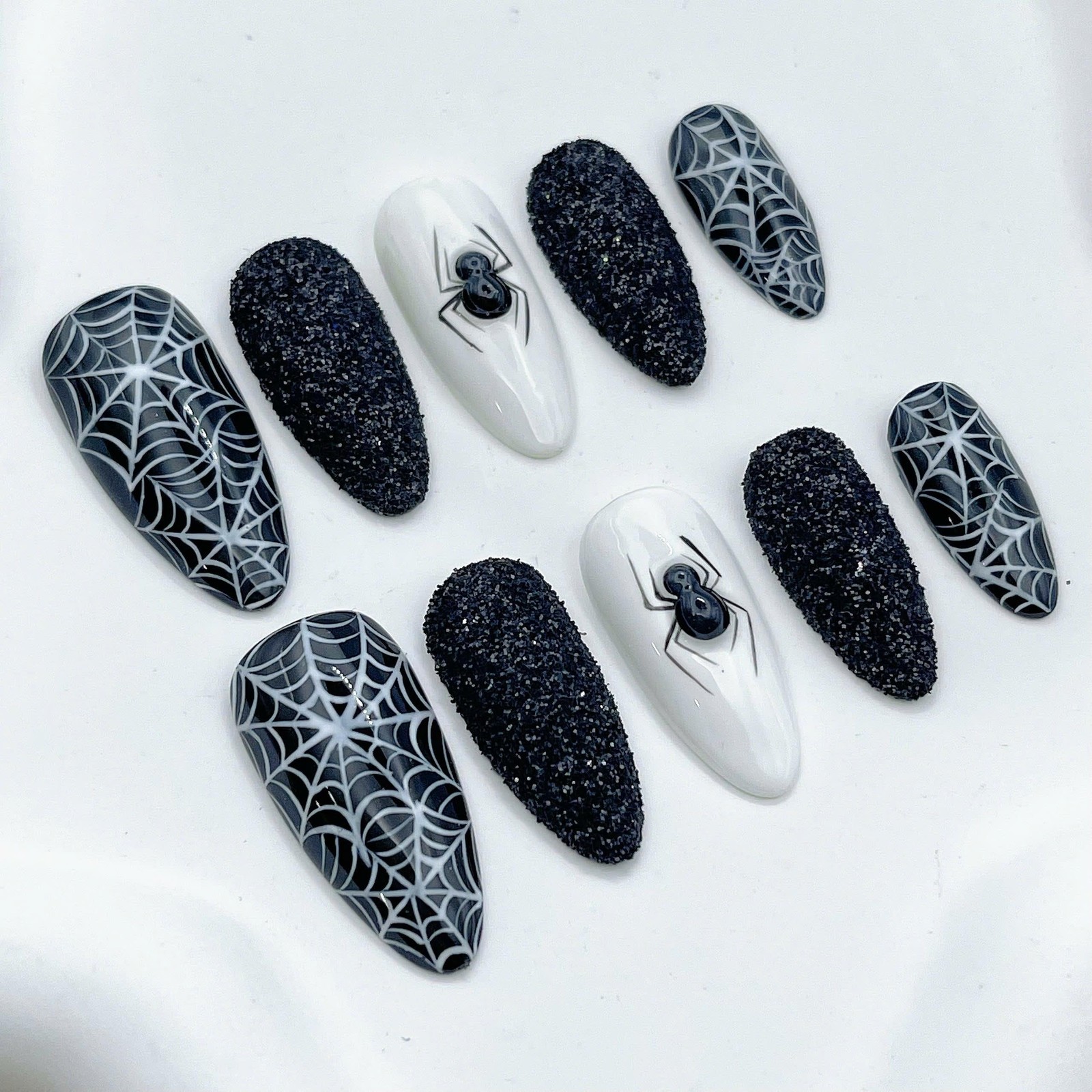 Custom Handmade Black Glitter Spider Web Almond Halloween Press on Nails