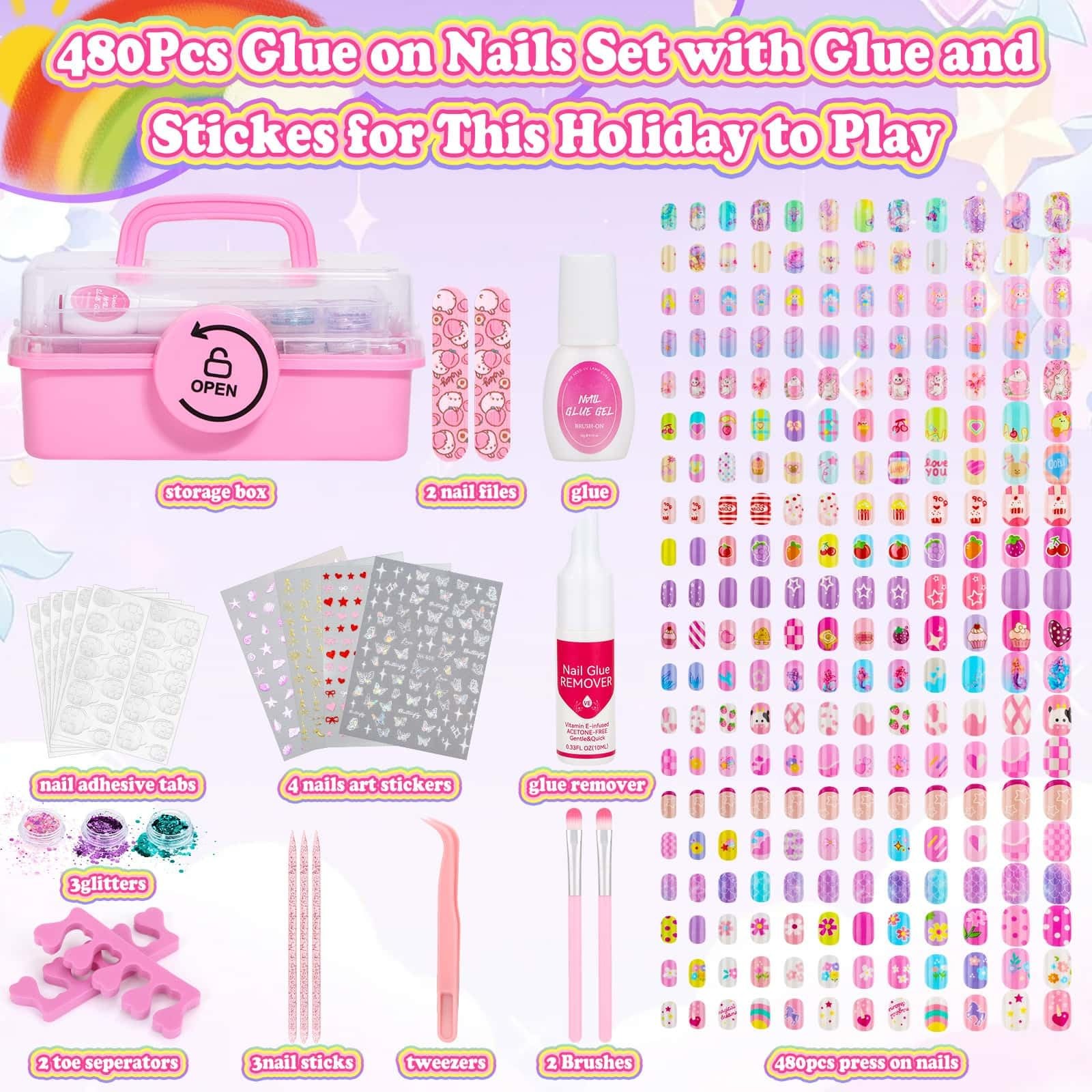 480 Pcs Kids Nails and Glue, Girls Press ons Nail Art Kit with Storage Case, …