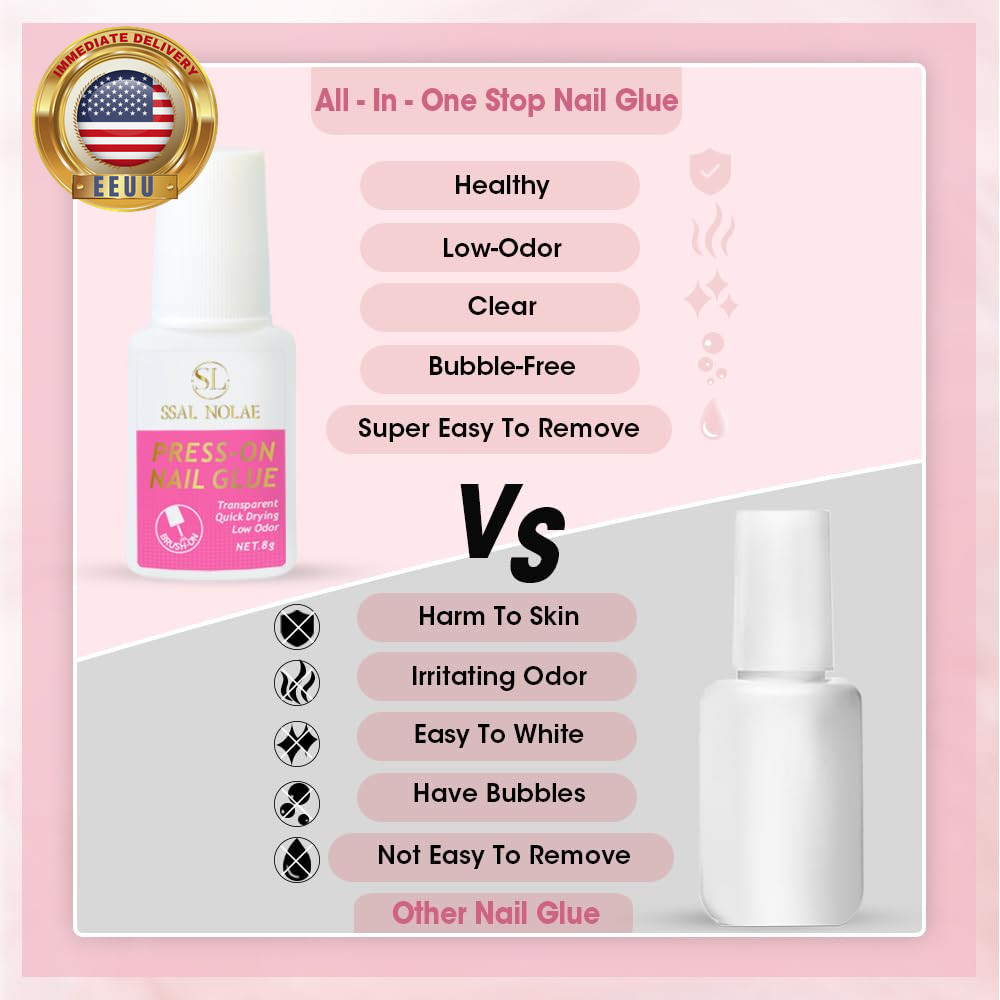 Brush-On Nail Glue for Press on Nails- Salon Quality for Acrylic, Fake Nails. Qu