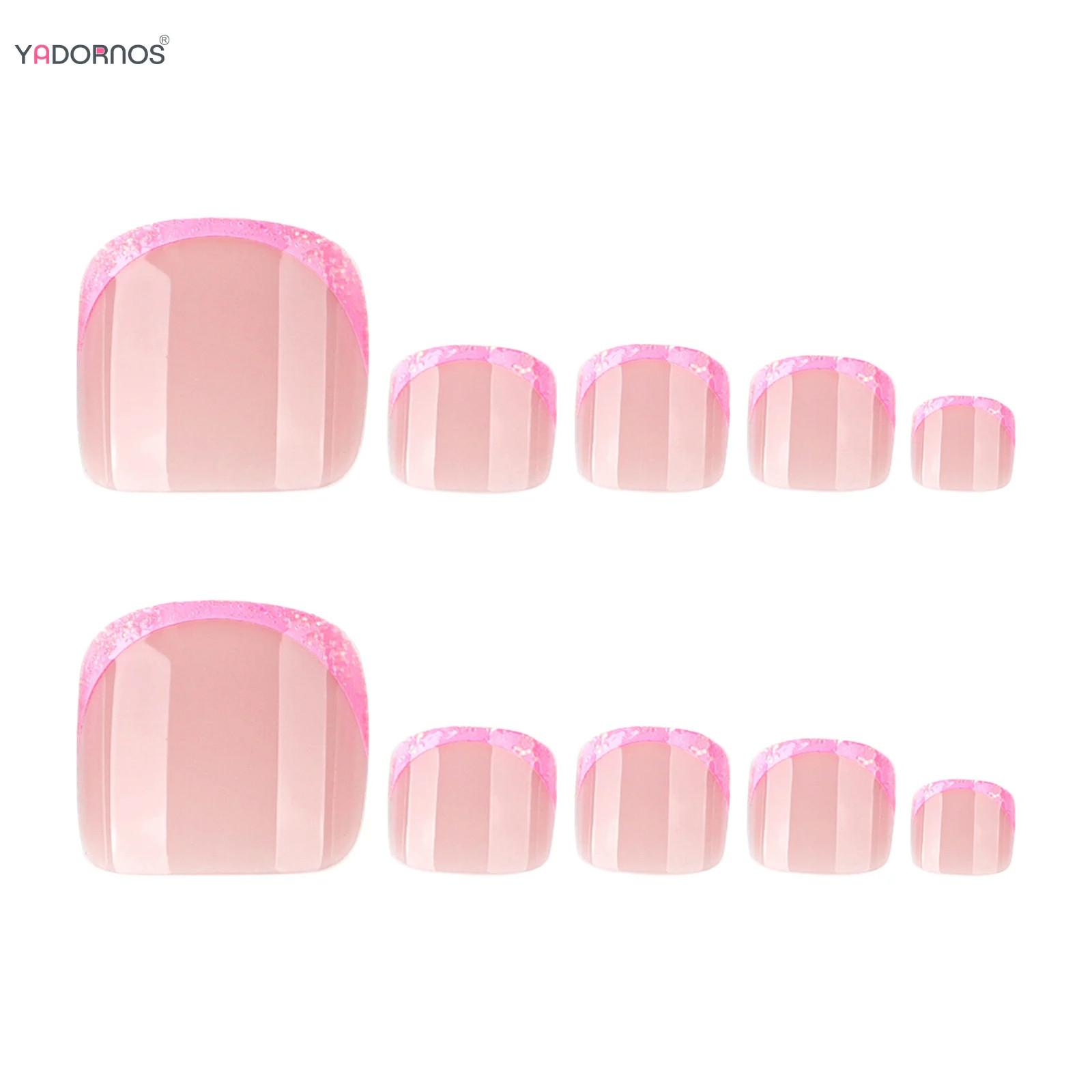 24Pcs Pink French Tip Press On Toenails Shiny Sequins Summer Fake Nails