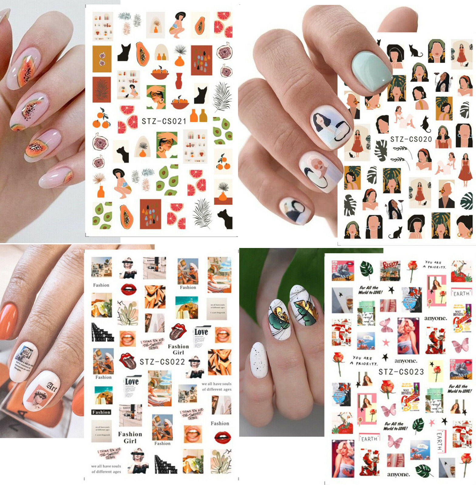 4Pcs Beauty Nail Art Stickers Decal Sexy Girl Lipstick Rose Fruit Letter NS7