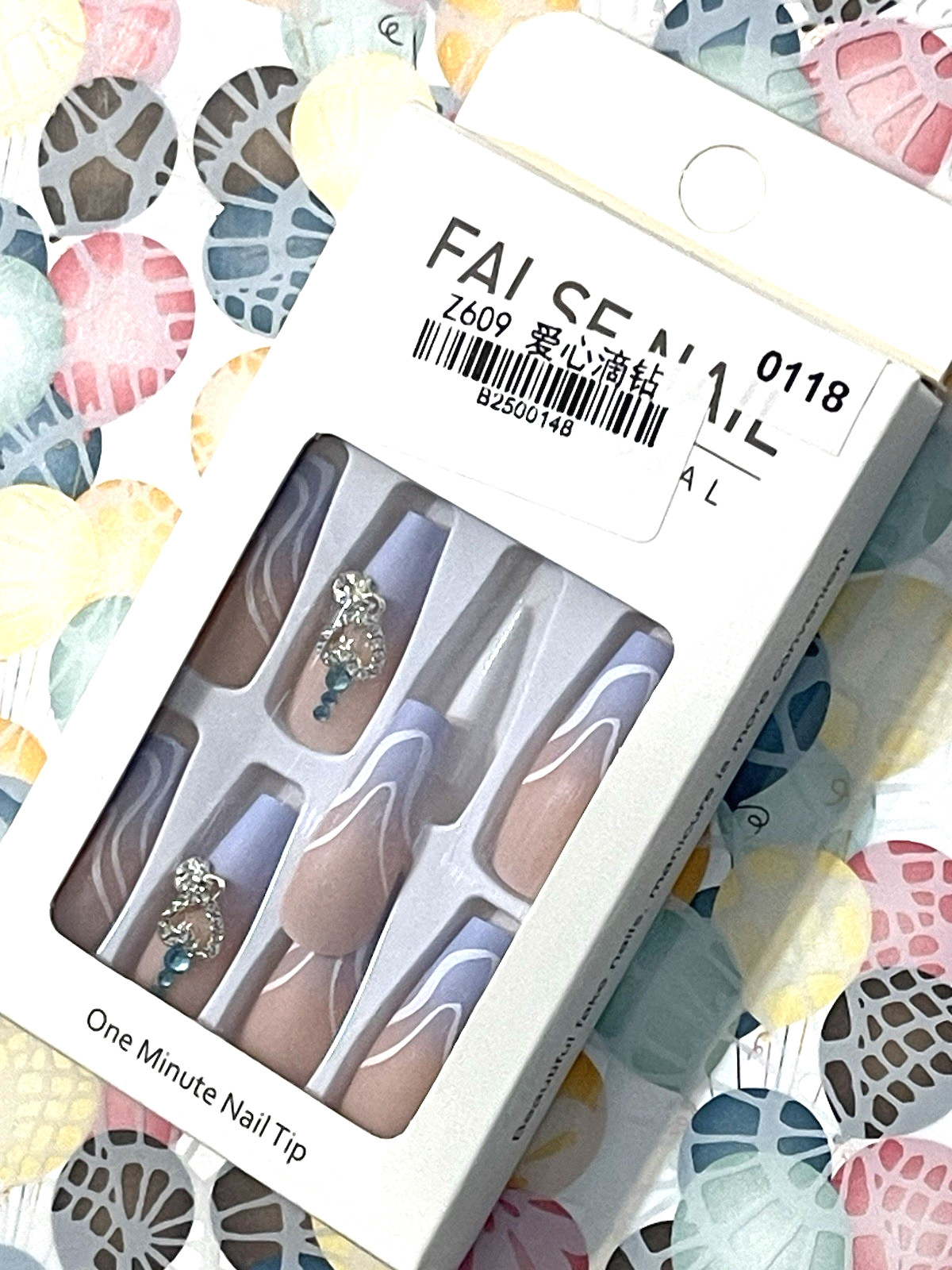 False Nail Professional NUDE LIGHT BLUE OMBRÉ with WHITE SWIRLS & HEART CHARM