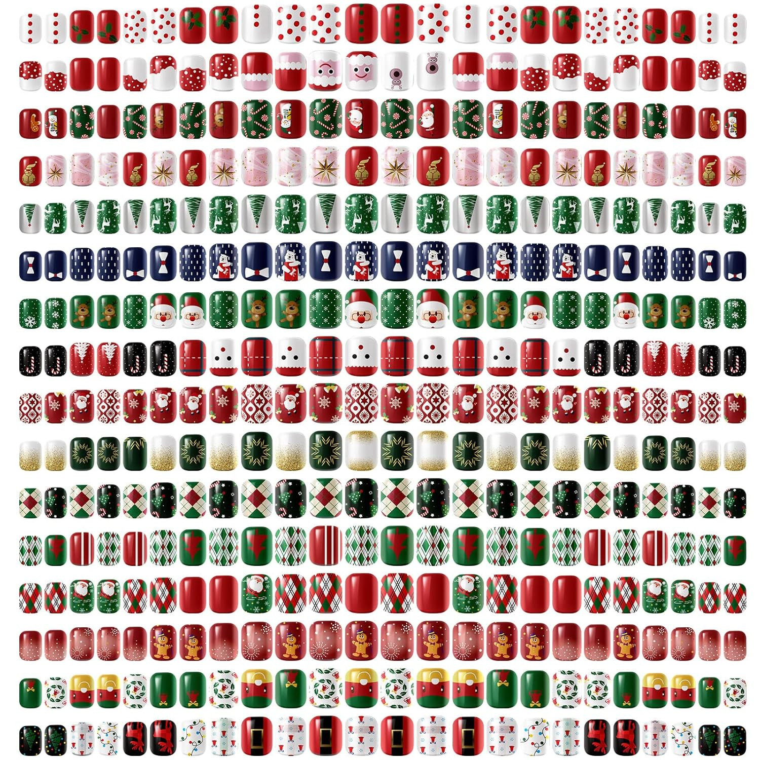 384Pcs 16Pack Christmas Press on Nails Winter Square Short Red Fake Nails with S
